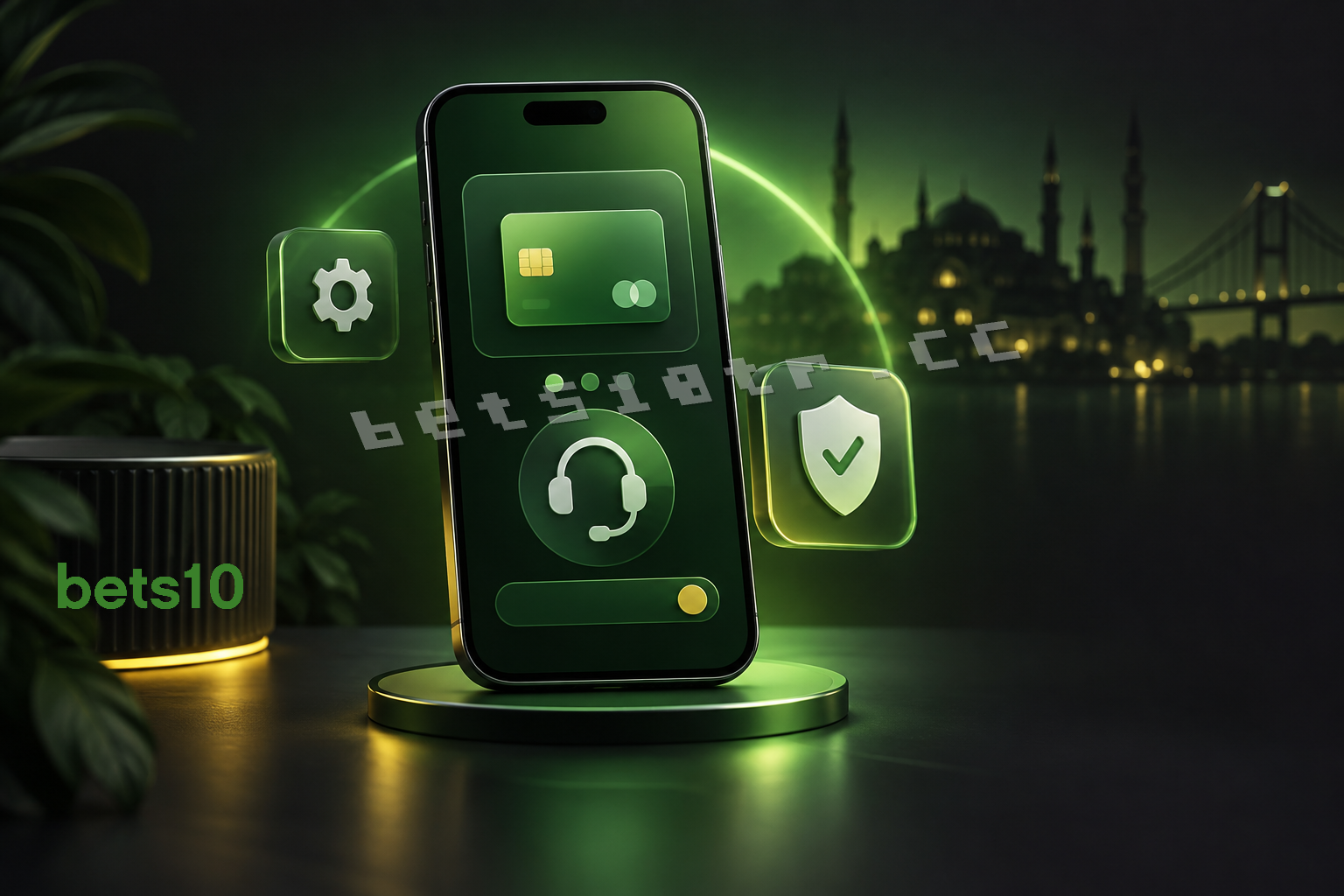 Koyu zeminde yeşil ışıkla çevrelenen telefon, ödeme ve destek simgeleriyle bets10 türkçe site kullanımını temsil ediyor.