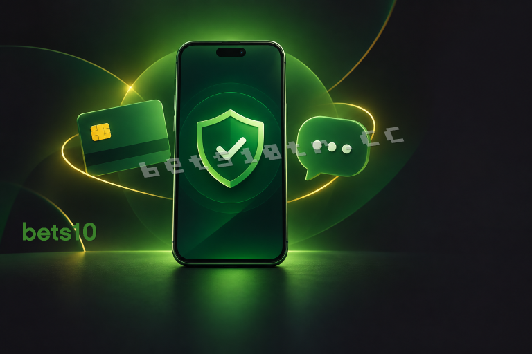 Bets10 Türkiye erişim rehberini temsil eden koyu zeminli kapakta yeşil ışıkla çevrili telefon, hesap güvenliği, ödeme ve destek simgeleri bulunuyor.