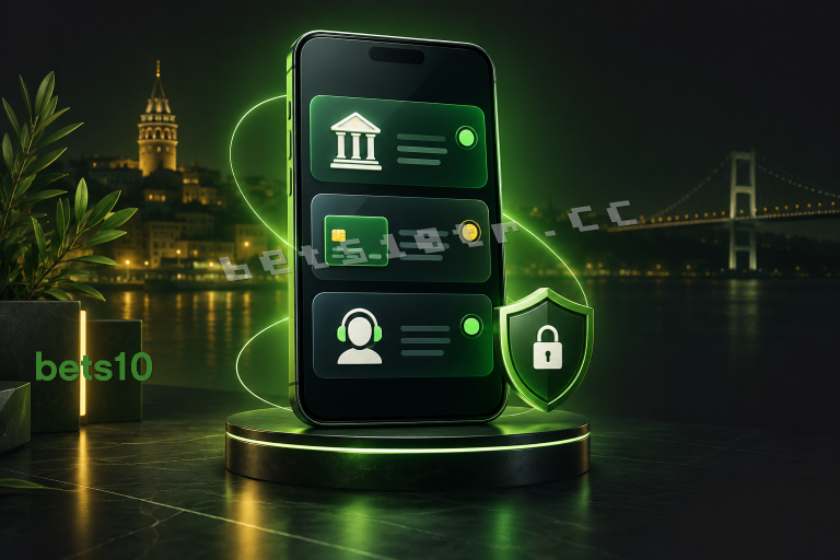 Koyu zemindeki yeşil ışıklı telefon ve banka, kart, destek simgeleri bets10 yerel ödeme seçeneklerinin incelenmesini temsil ediyor.